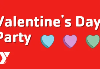 red graphic that says Valentine's Day Party with candy hearts