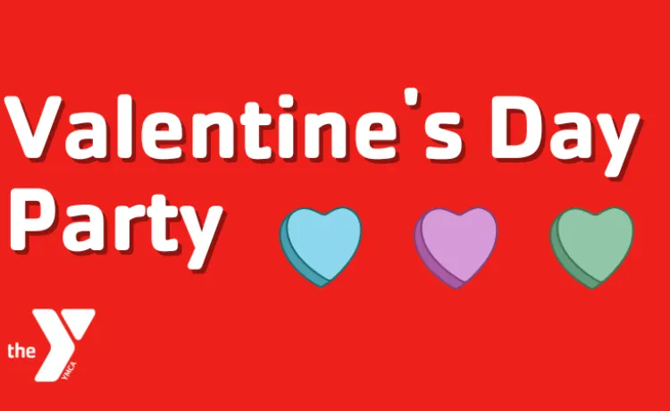 red graphic that says Valentine's Day Party with candy hearts