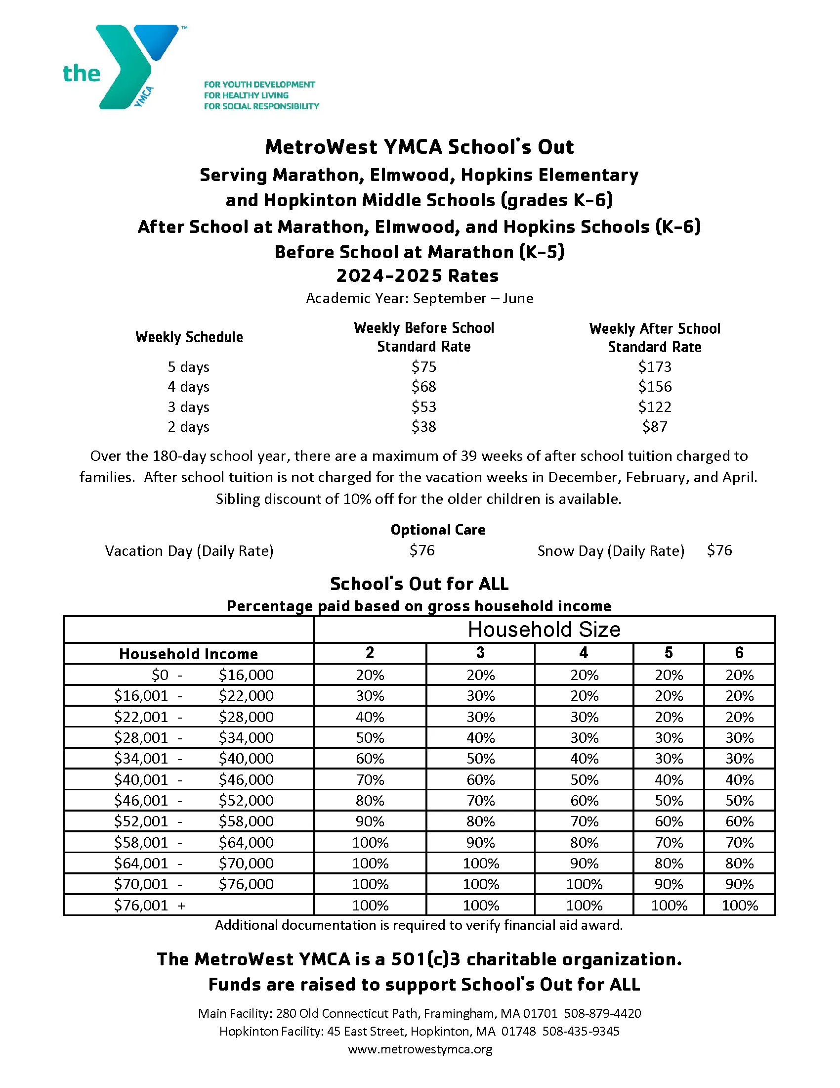 chart of rates for School's Out Hopkinton