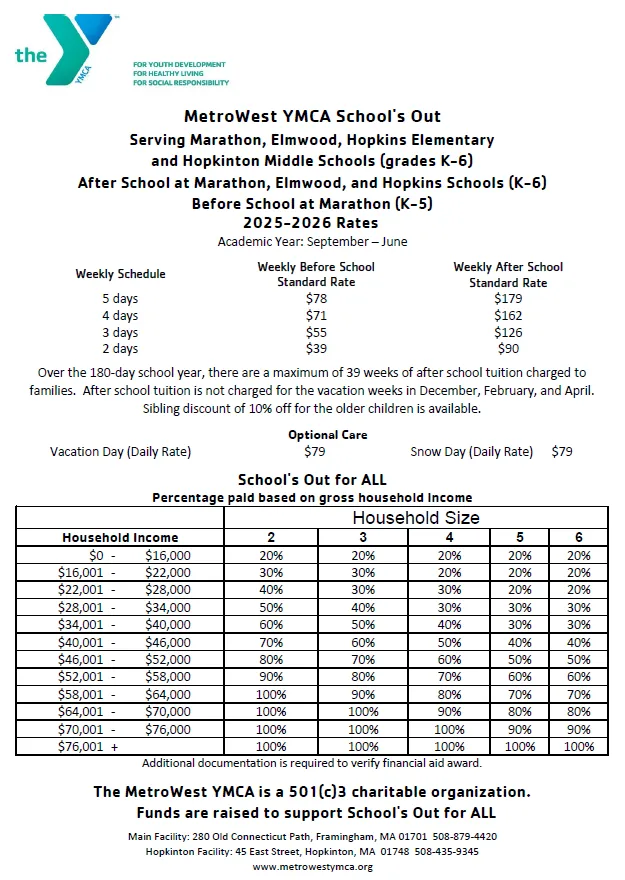 graphic of 2025-2026 rates for School's Out Hopkinton