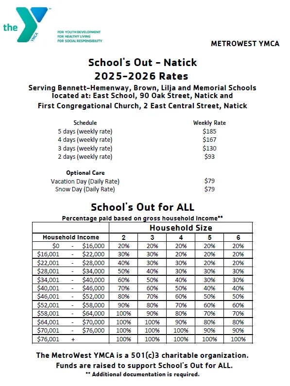 graphic of 2025-2026 rates for School's Out  Natick